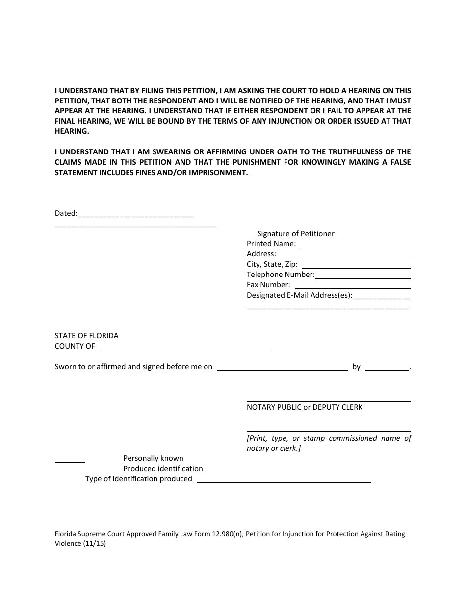 Form 12.980(N) Petition for Injunction for Protection Against Dating Violence - Florida, Page 9