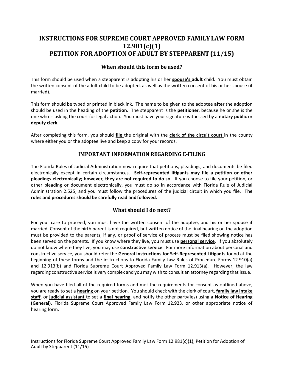 Form 12.981(C)(1) Petition for Adoption of Adult by Stepparent - Florida, Page 1