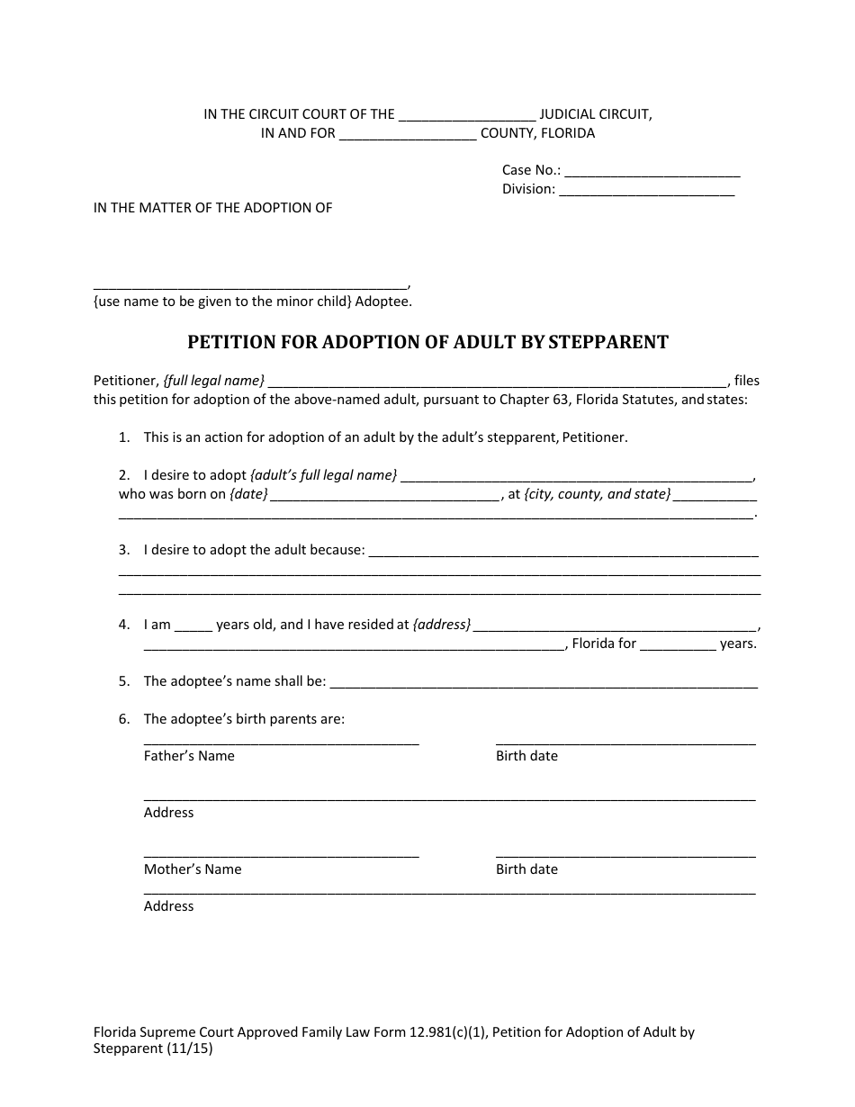 Form 12.981(C)(1) Petition for Adoption of Adult by Stepparent - Florida, Page 4