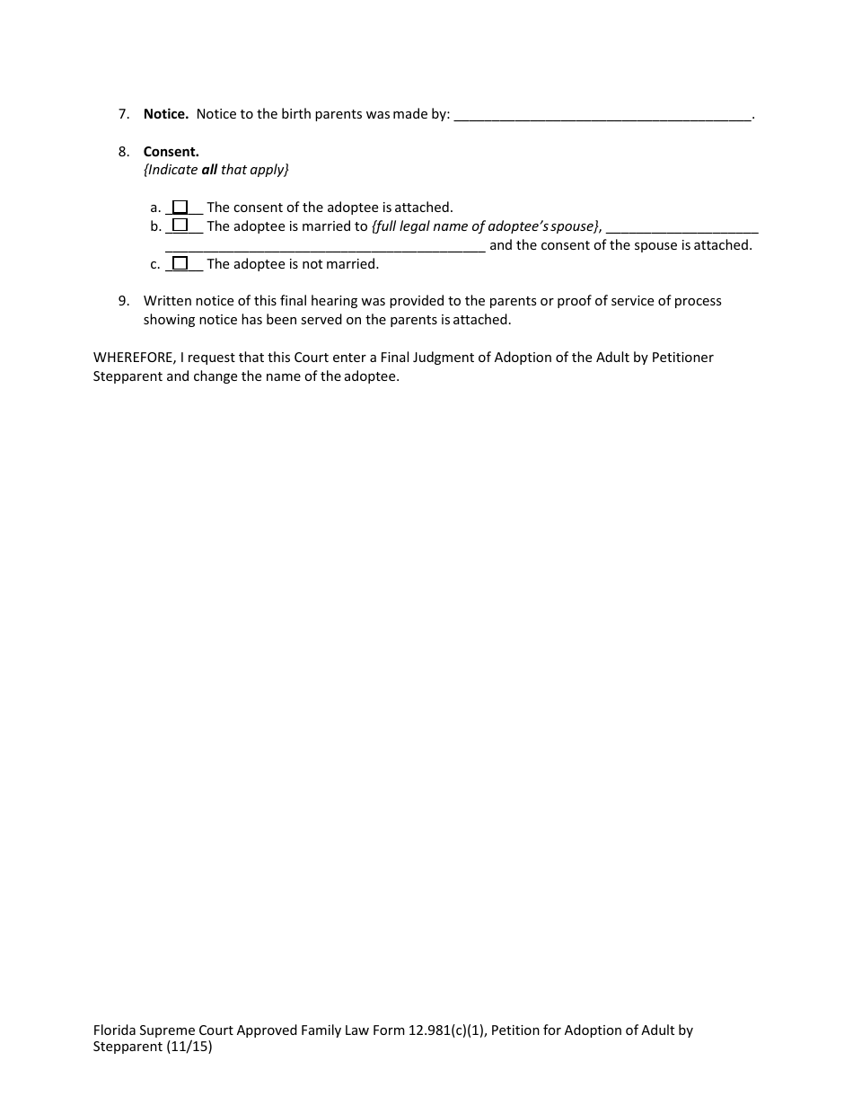 Form 12.981(C)(1) Petition for Adoption of Adult by Stepparent - Florida, Page 5