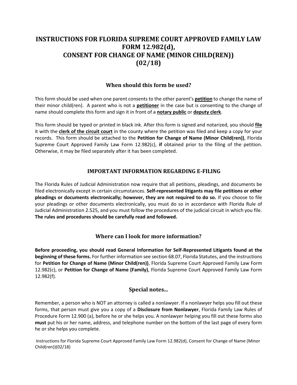 Form 12.982(D) Consent for Change of Name (Minor Child(Ren)) - Florida, Page 1