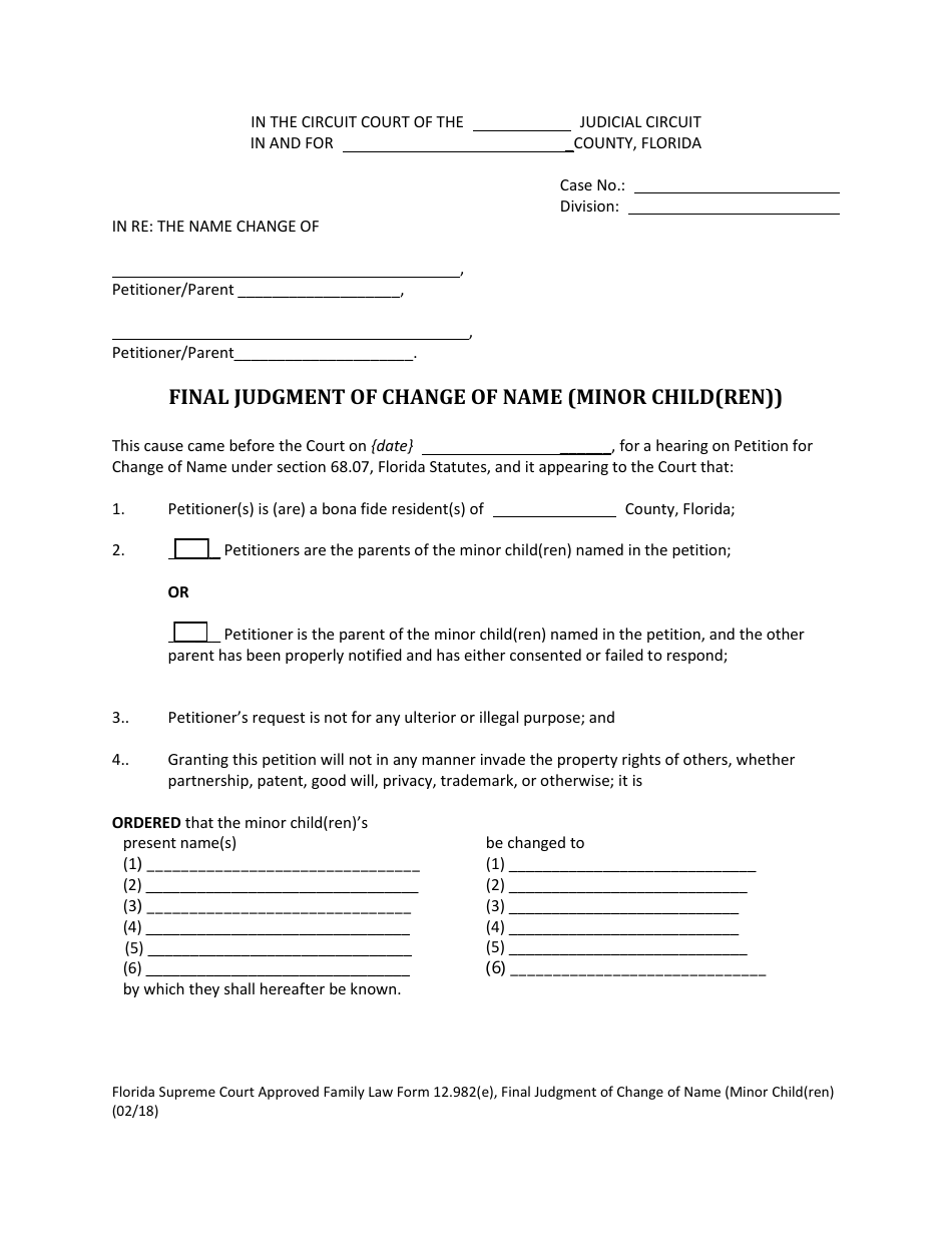 Form 12.982(E) Final Judgment of Change of Name (Minor Child(Ren)) - Florida, Page 1