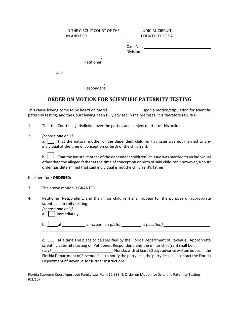 Form 12.983(F) Order on Motion for Scientific Paternity Testing - Florida, Page 1