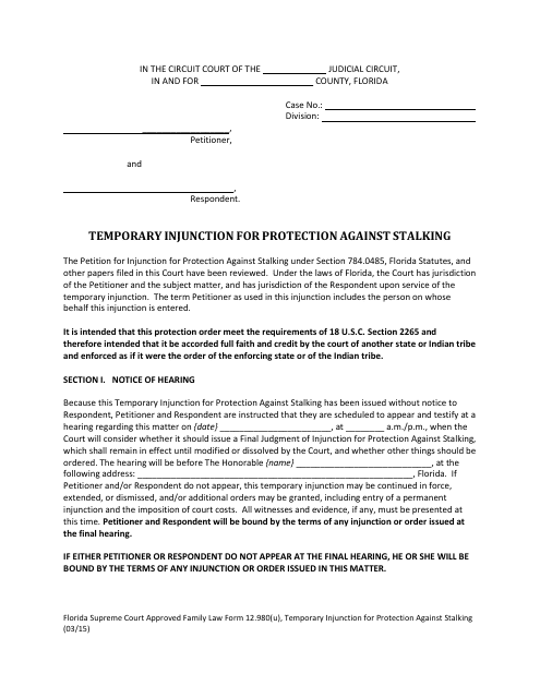 Form 12.980(U) Temporary Injunction for Protection Against Stalking - Florida