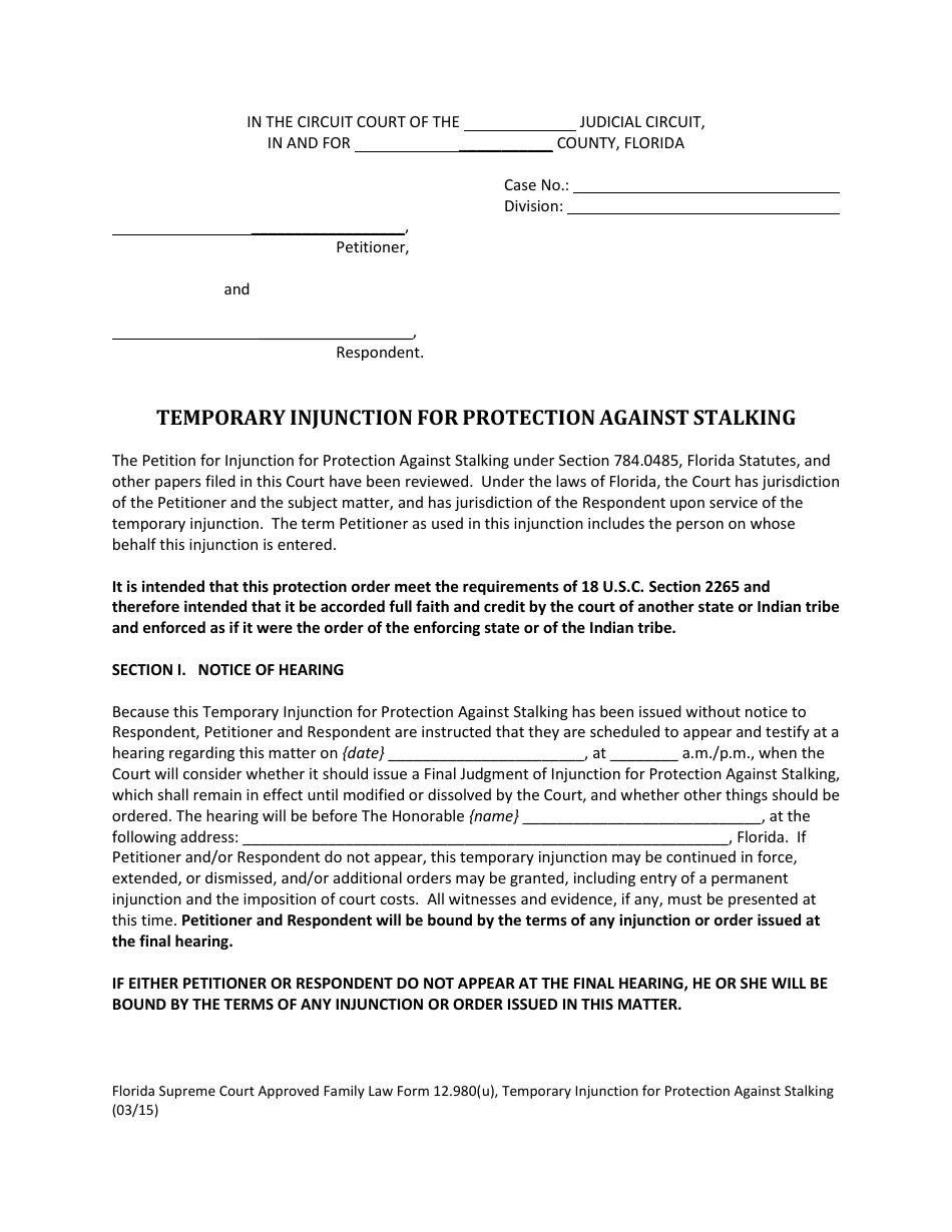 Form 12.980(U) Temporary Injunction for Protection Against Stalking - Florida, Page 1