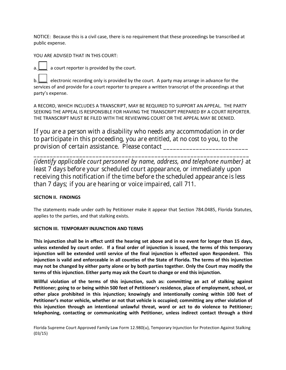 Form 12.980(U) Temporary Injunction for Protection Against Stalking - Florida, Page 2