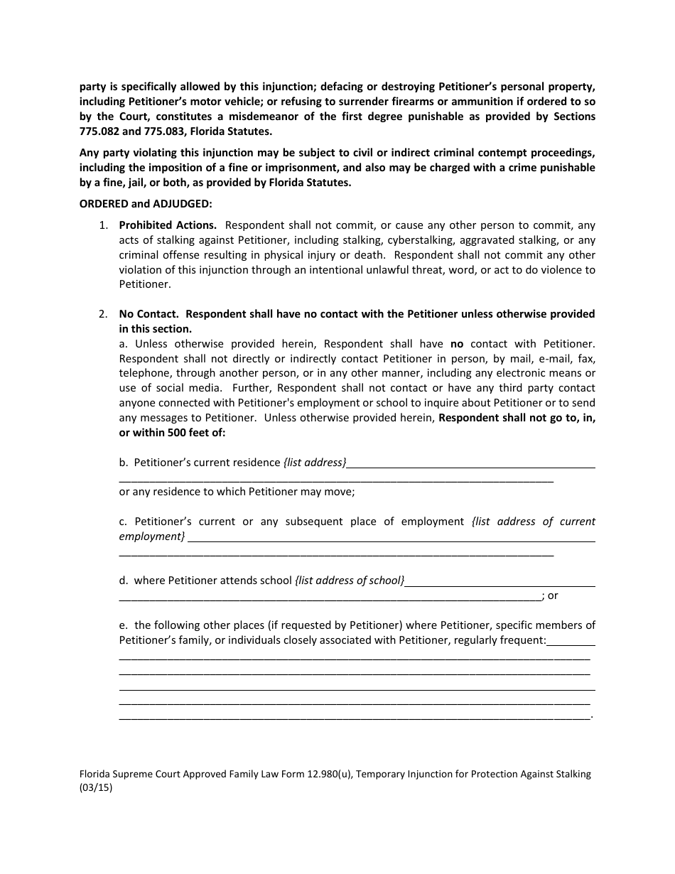 Form 12.980(U) Temporary Injunction for Protection Against Stalking - Florida, Page 3