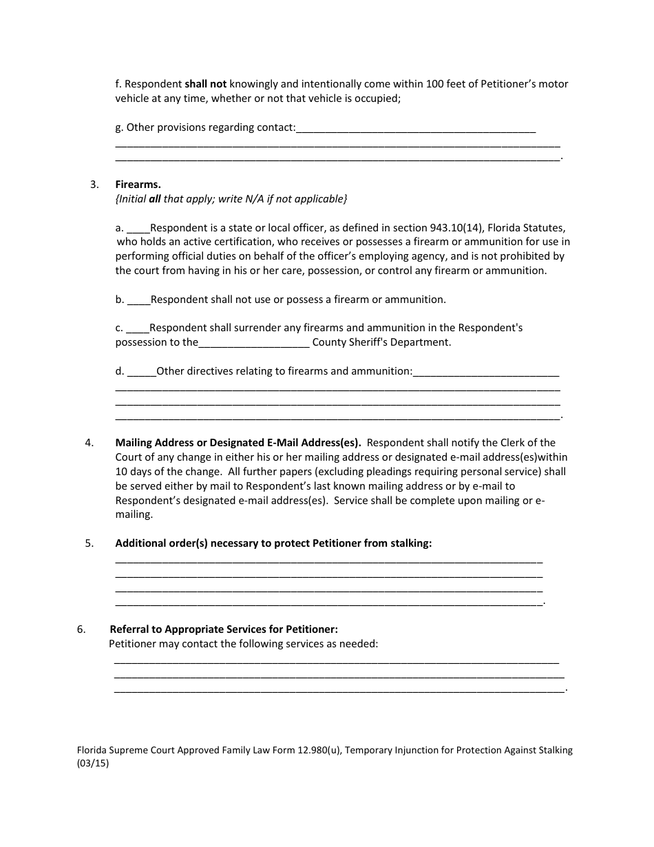 Form 12.980(U) Temporary Injunction for Protection Against Stalking - Florida, Page 4