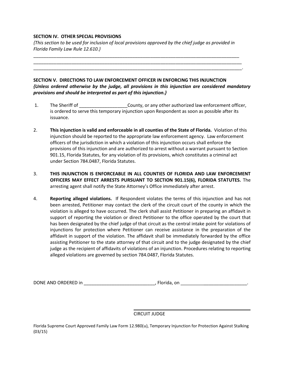 Form 12.980(U) Temporary Injunction for Protection Against Stalking - Florida, Page 5