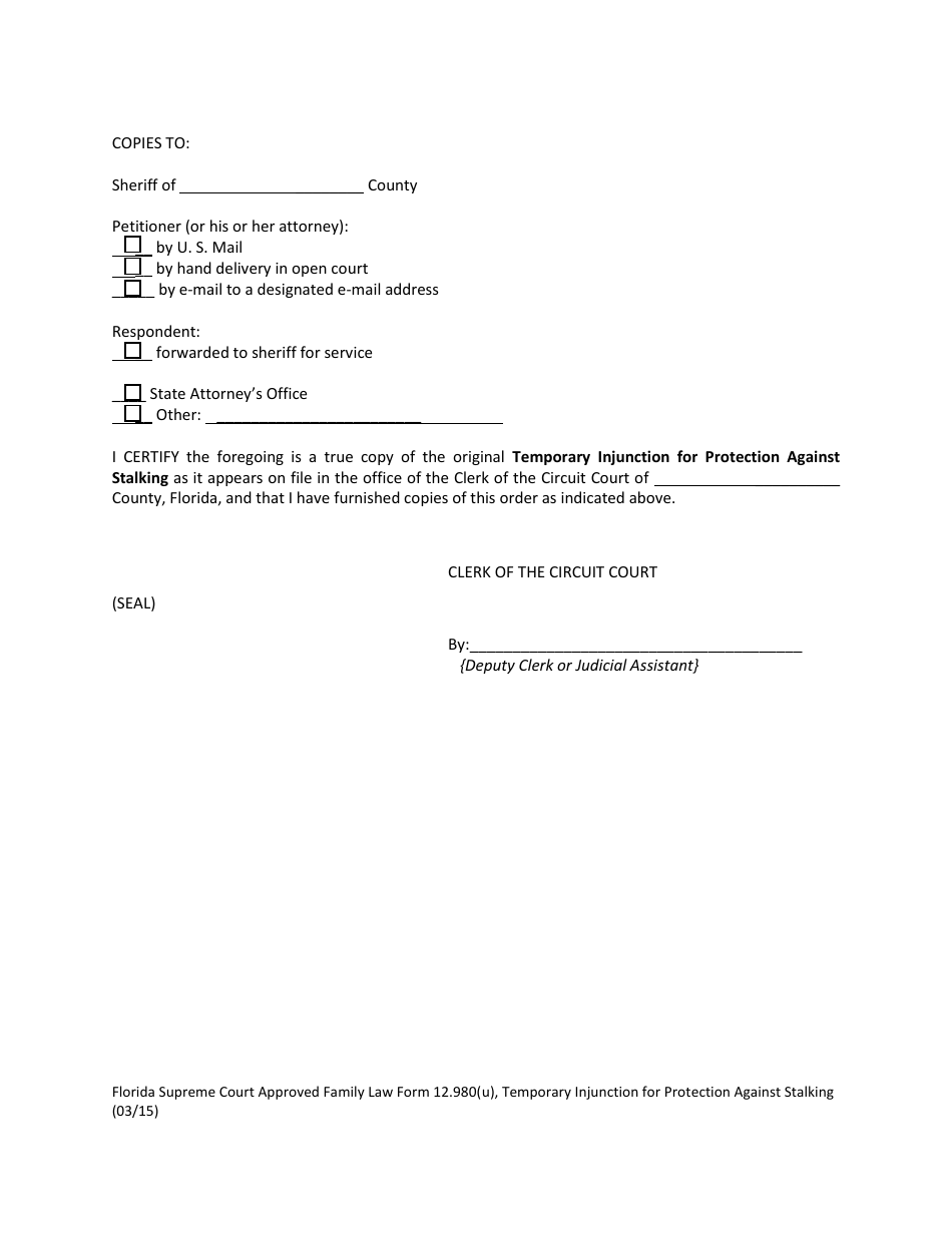 Form 12.980(U) Temporary Injunction for Protection Against Stalking - Florida, Page 6