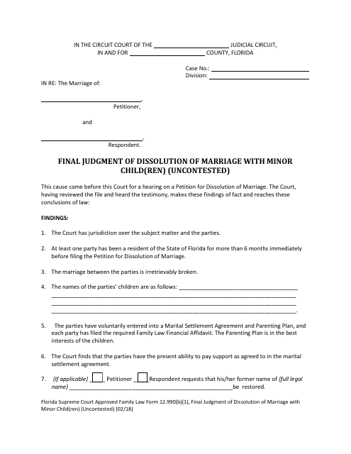 Form 12.990(B)(1) Final Judgment of Dissolution of Marriage With Dependent or Minor Child(Ren) (Uncontested) - Florida