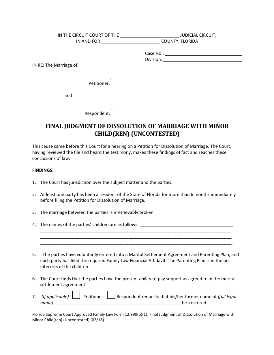 Form 12.990(B)(1) Final Judgment of Dissolution of Marriage With Dependent or Minor Child(Ren) (Uncontested) - Florida, Page 1