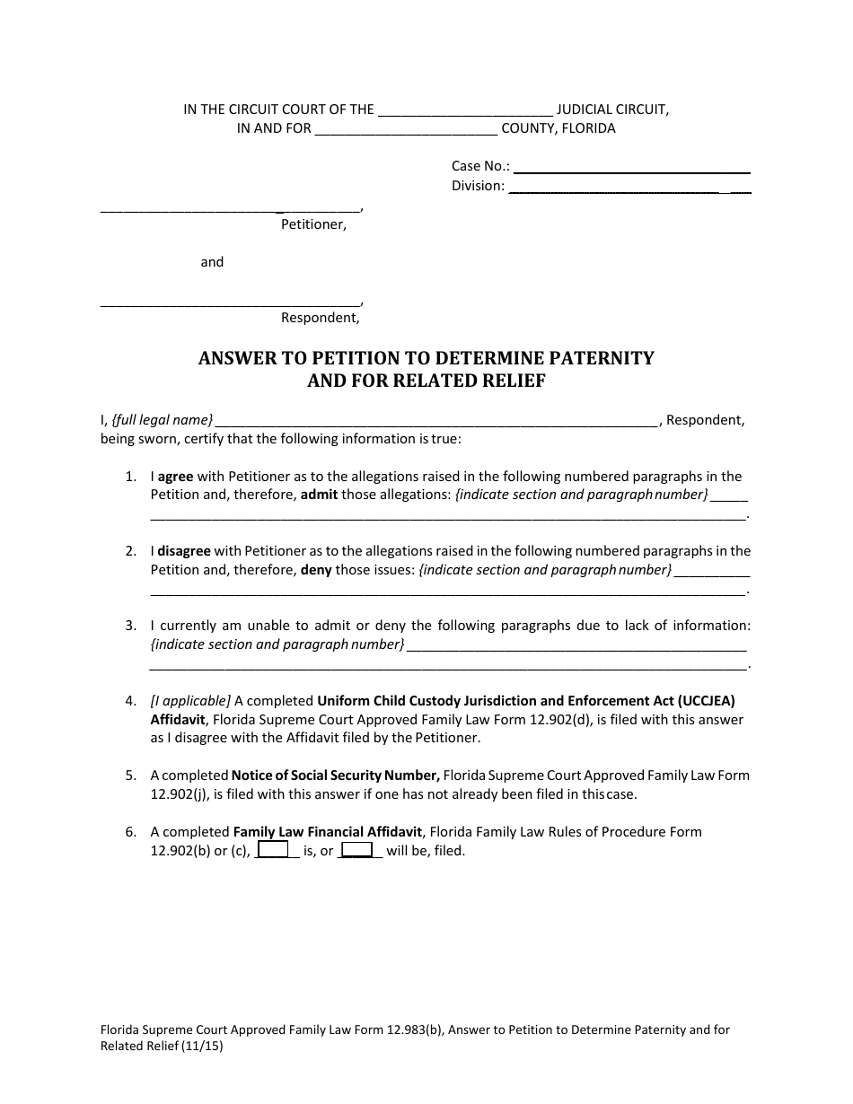 Form 12.983(B) Answer to Petition to Determine Paternity and for Related Relief - Florida, Page 5