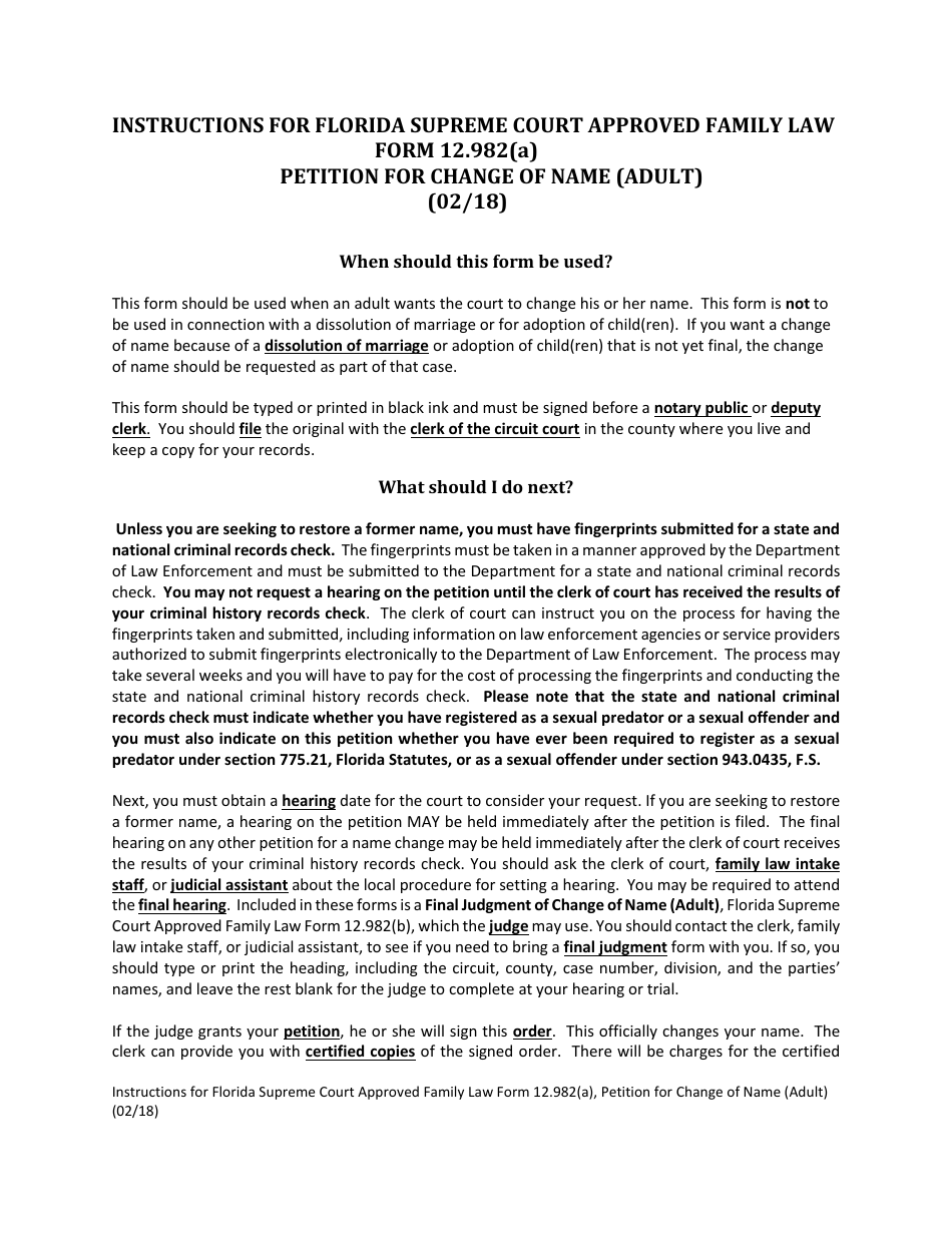 Form 12.982(A) Petition for Change of Name (Adult) - Florida, Page 1