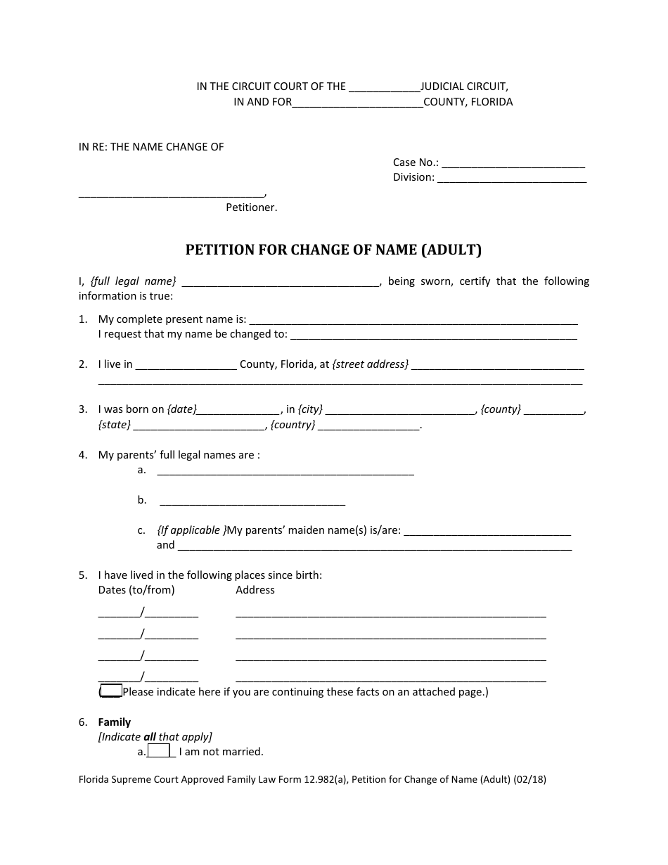 Form 12.982(A) Petition for Change of Name (Adult) - Florida, Page 4