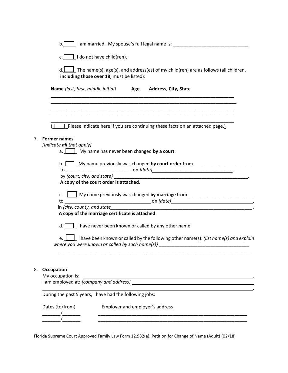 Form 12.982(A) Petition for Change of Name (Adult) - Florida, Page 5