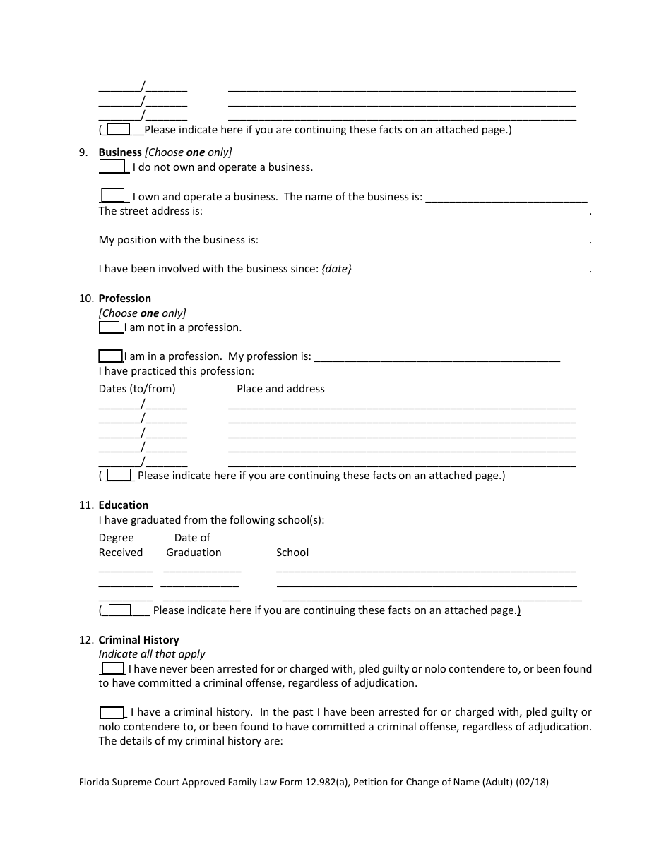 Form 12.982(A) Petition for Change of Name (Adult) - Florida, Page 6