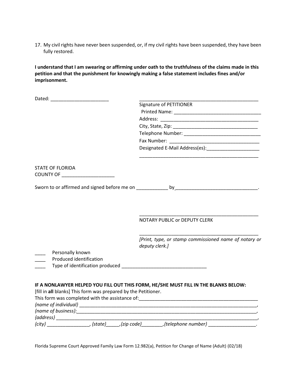 Form 12.982(A) Petition for Change of Name (Adult) - Florida, Page 8