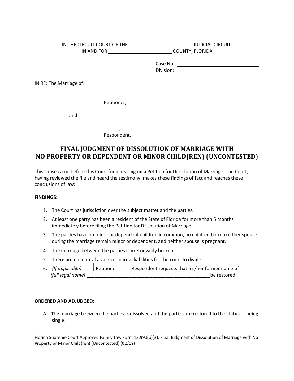 Form 12.990(B)(3) Final Judgment of Dissolution of Marriage With No Property or Dependent or Minor Child(Ren) (Uncontested) - Florida, Page 1