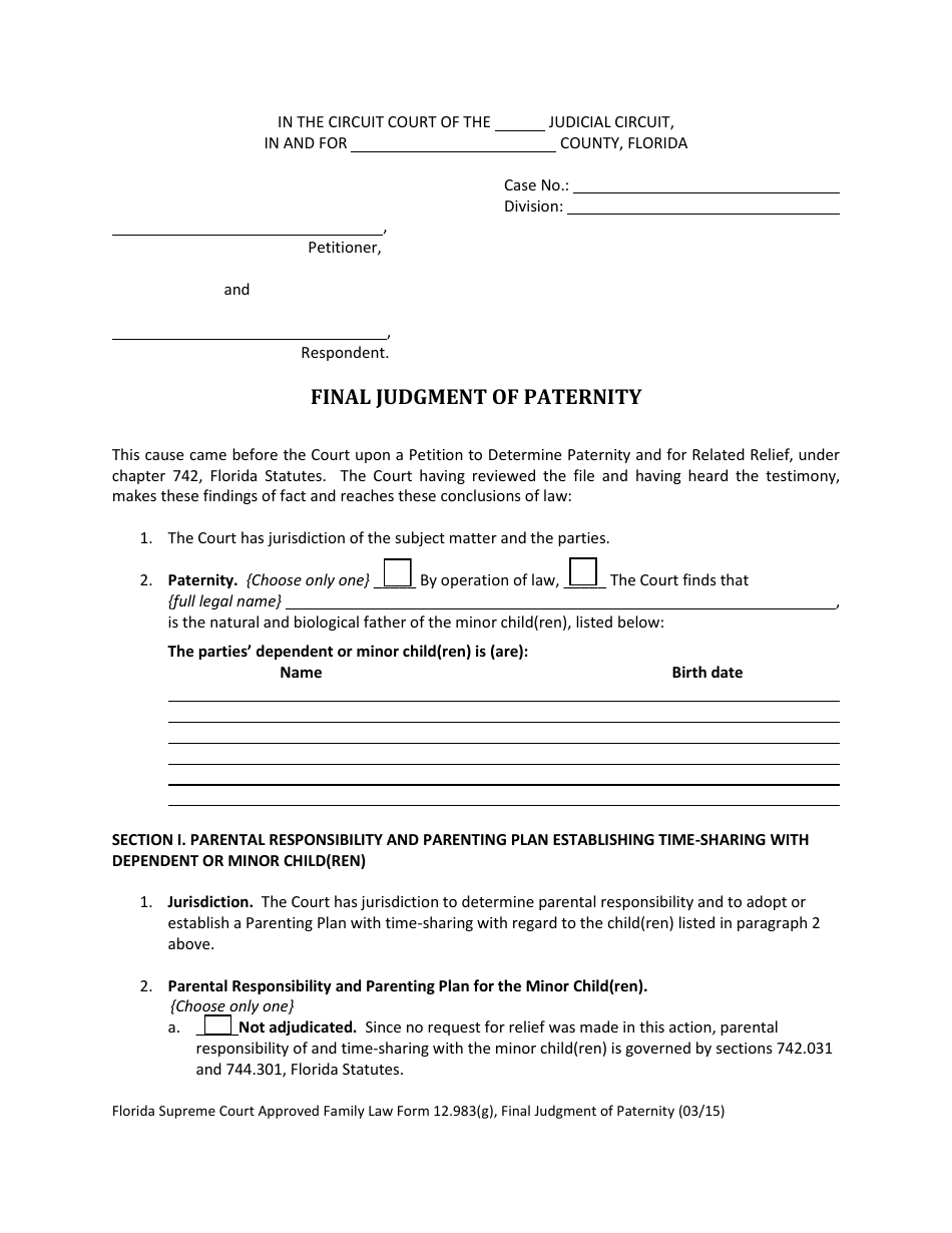 Form 12.983(G) Final Judgment of Paternity - Florida, Page 1