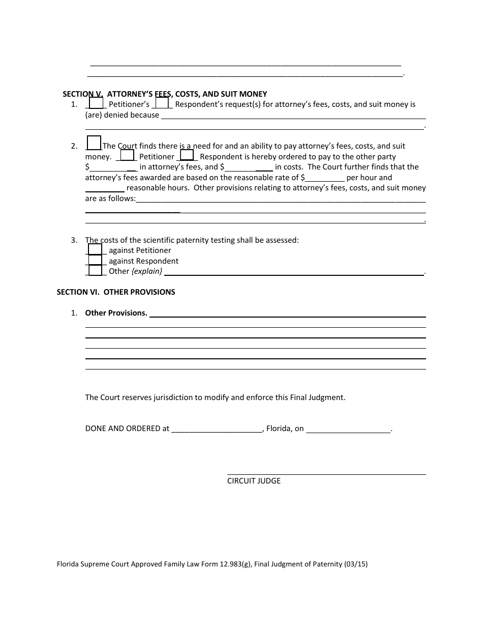 Form 12.983(G) Final Judgment of Paternity - Florida, Page 6