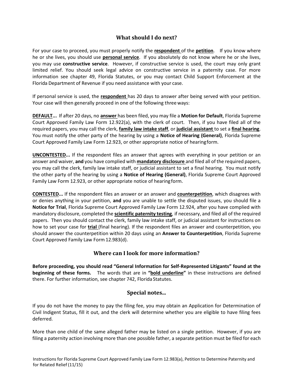 Form 12.983(A) Petition to Determine Paternity and for Related Relief - Florida, Page 2