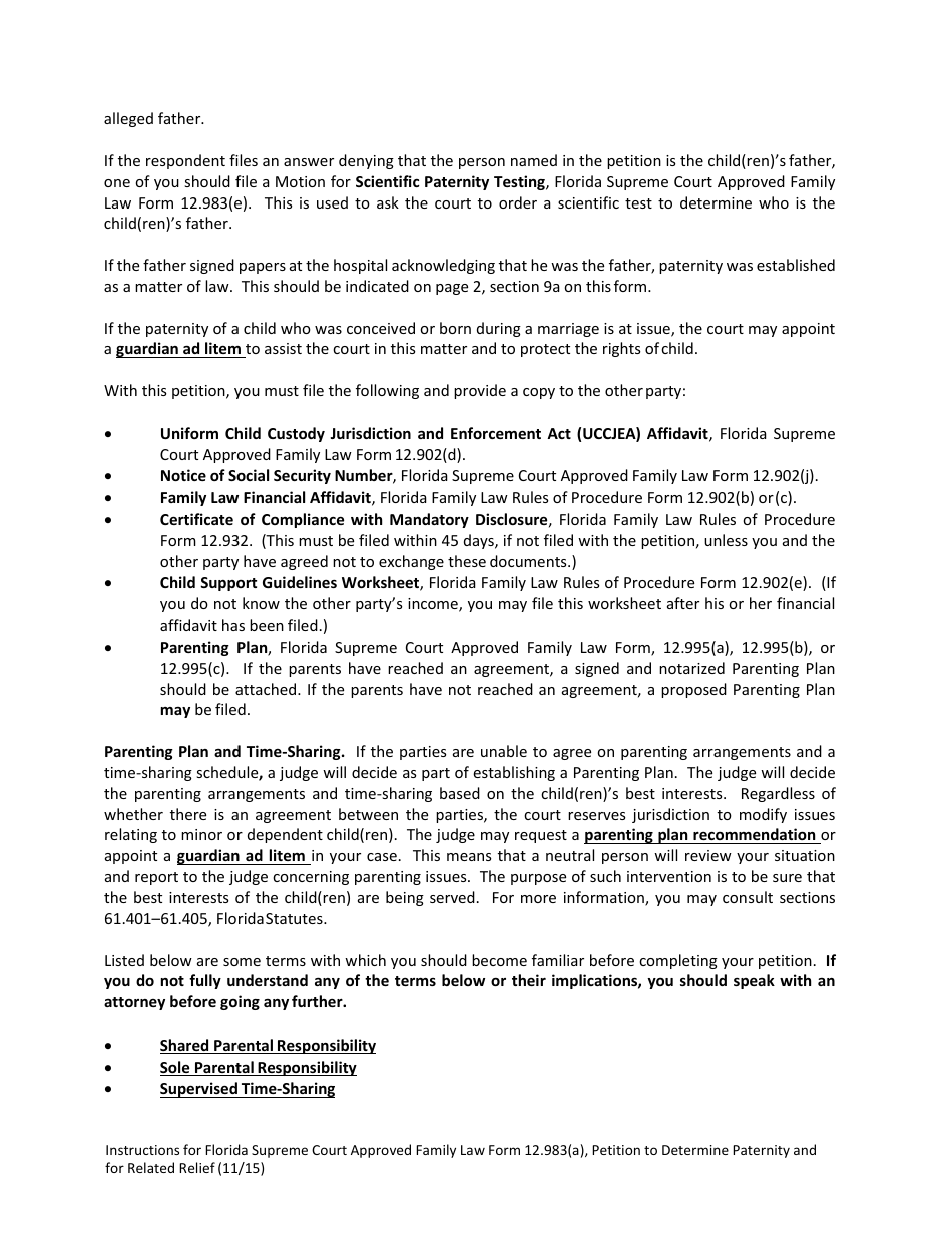 Form 12.983(A) Petition to Determine Paternity and for Related Relief - Florida, Page 3