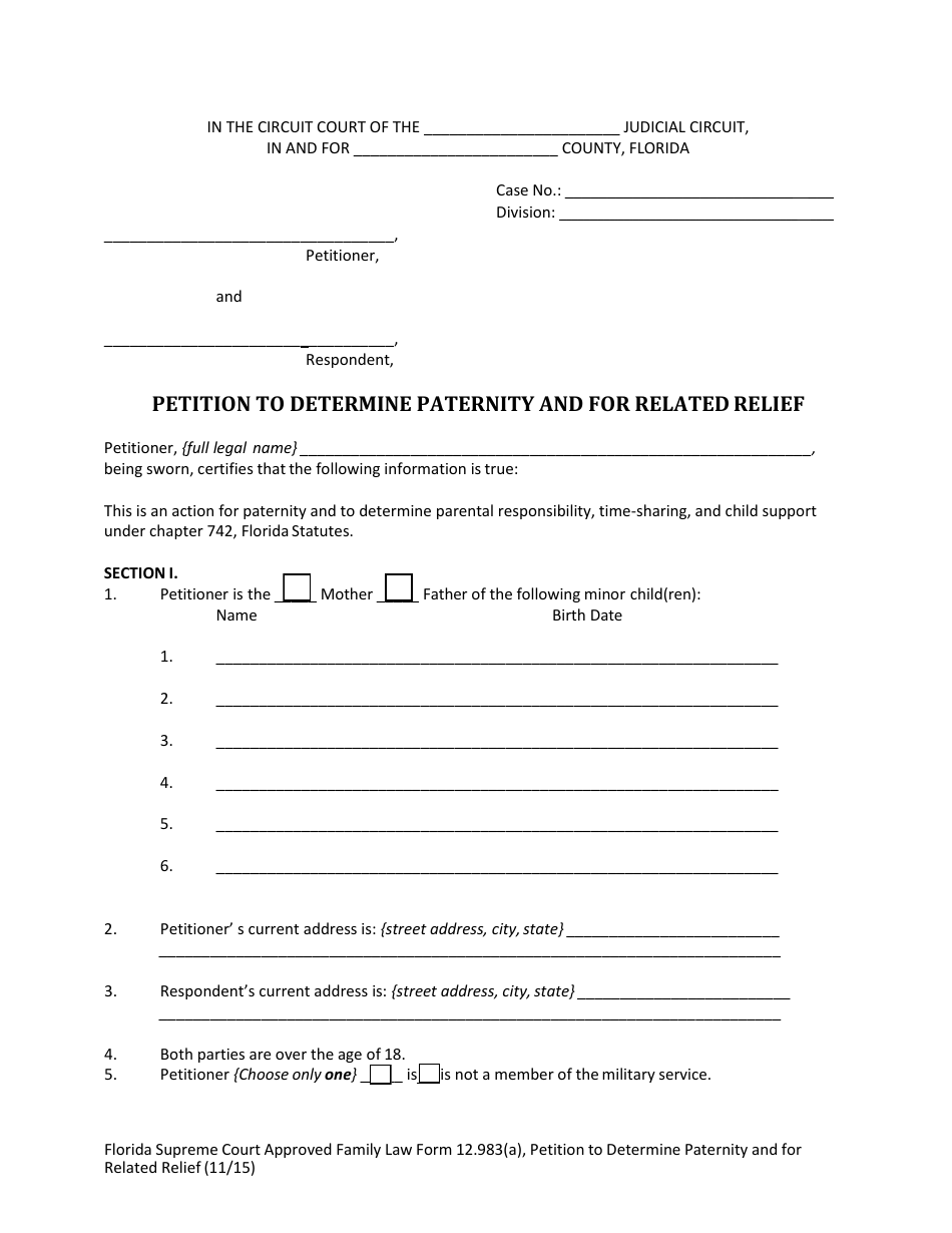 Form 12.983(A) Petition to Determine Paternity and for Related Relief - Florida, Page 5