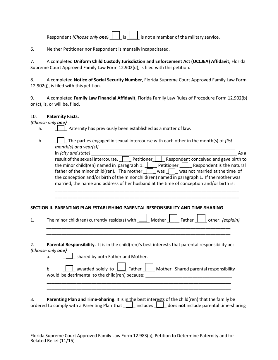 Form 12.983(A) Petition to Determine Paternity and for Related Relief - Florida, Page 6
