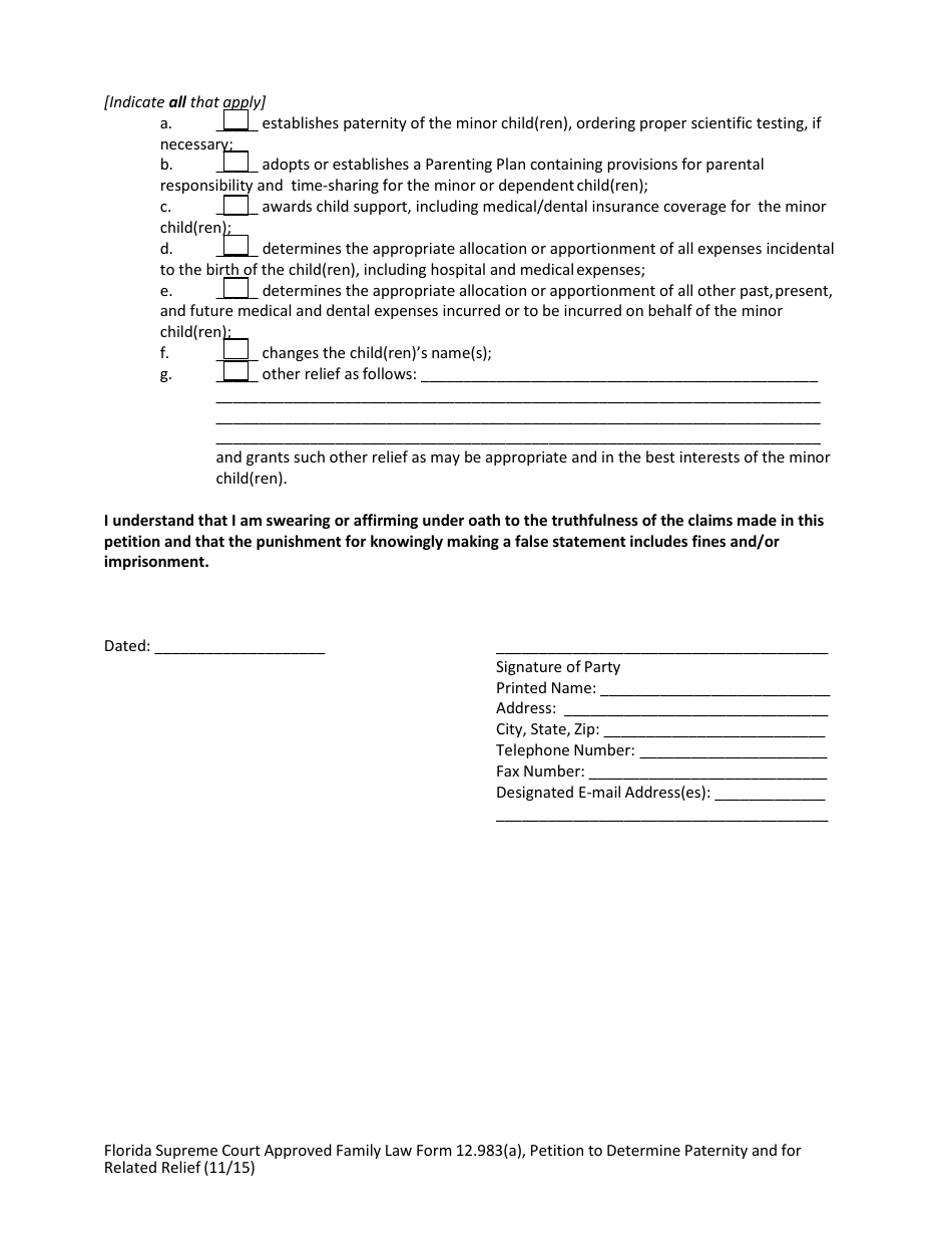 Form 12.983(A) Petition to Determine Paternity and for Related Relief - Florida, Page 9