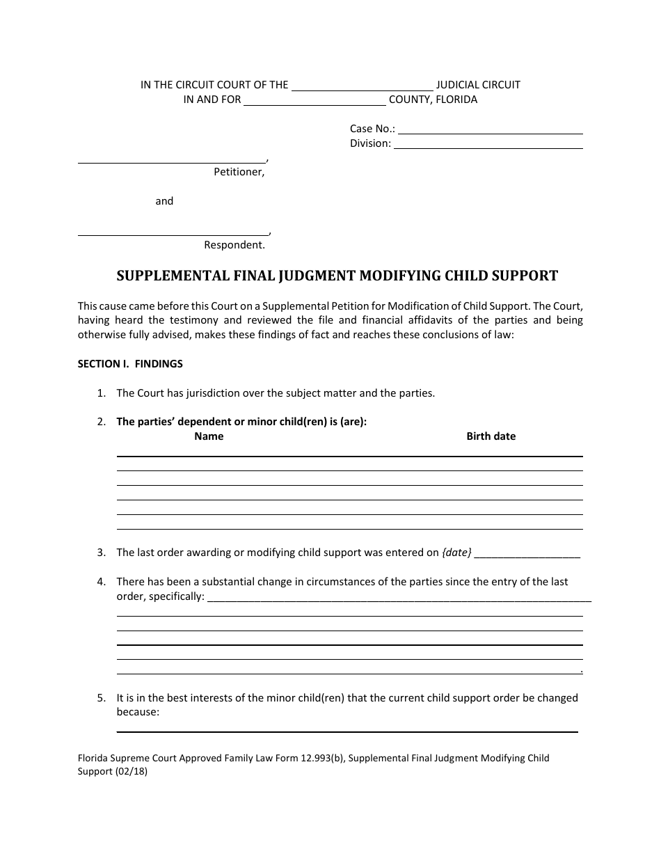 Form 12.993(B) Supplemental Final Judgment Modifying Child Support - Florida, Page 1