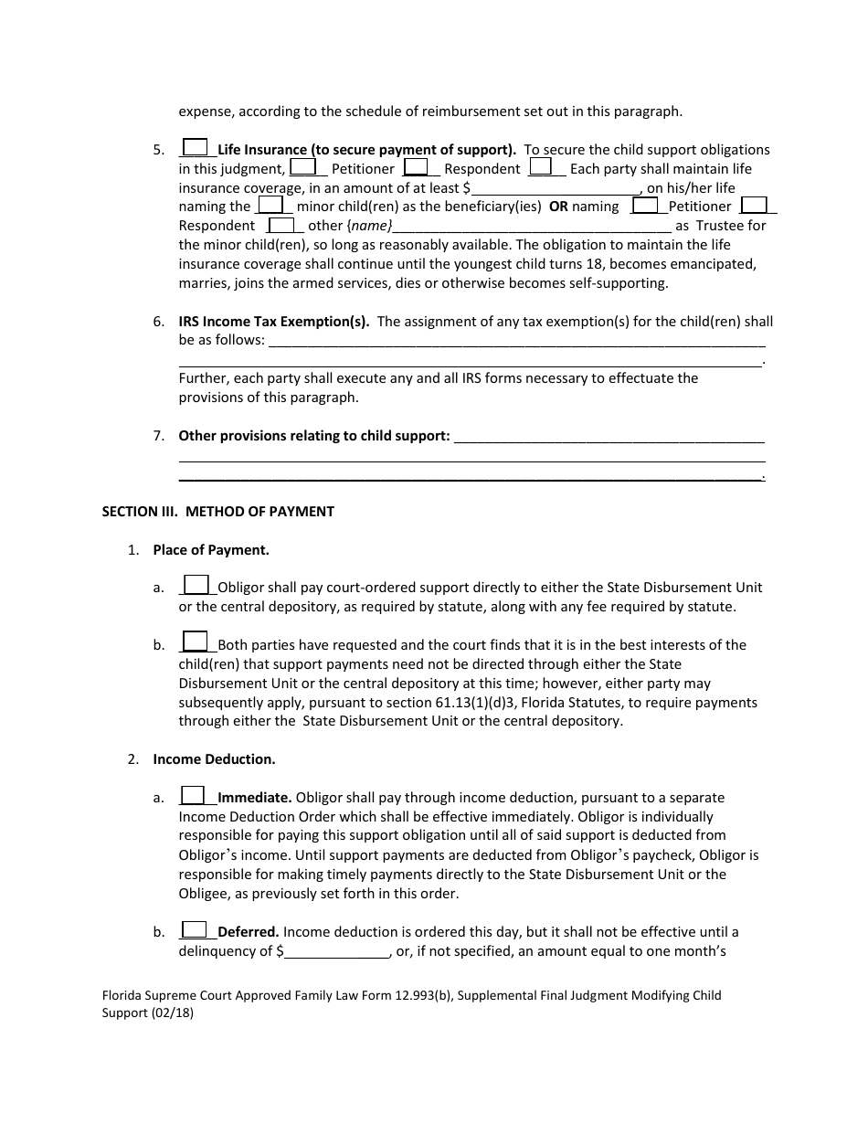 Form 12.993(B) Supplemental Final Judgment Modifying Child Support - Florida, Page 4