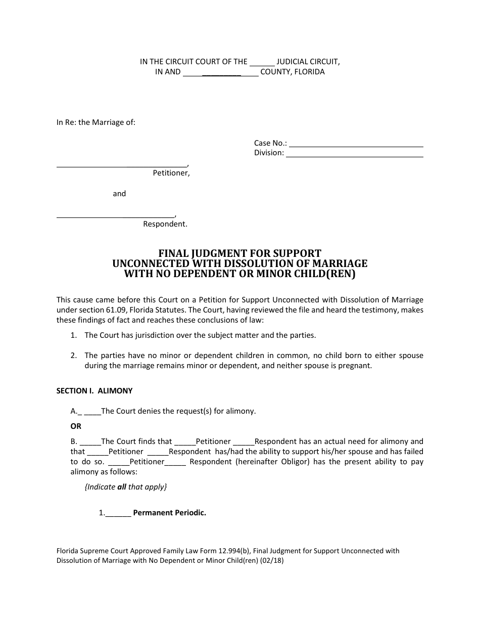 Form 12.994(B) Final Judgment for Support Unconnected With Dissolution of Marriage With No Dependent or Minor Child(Ren) - Florida, Page 1