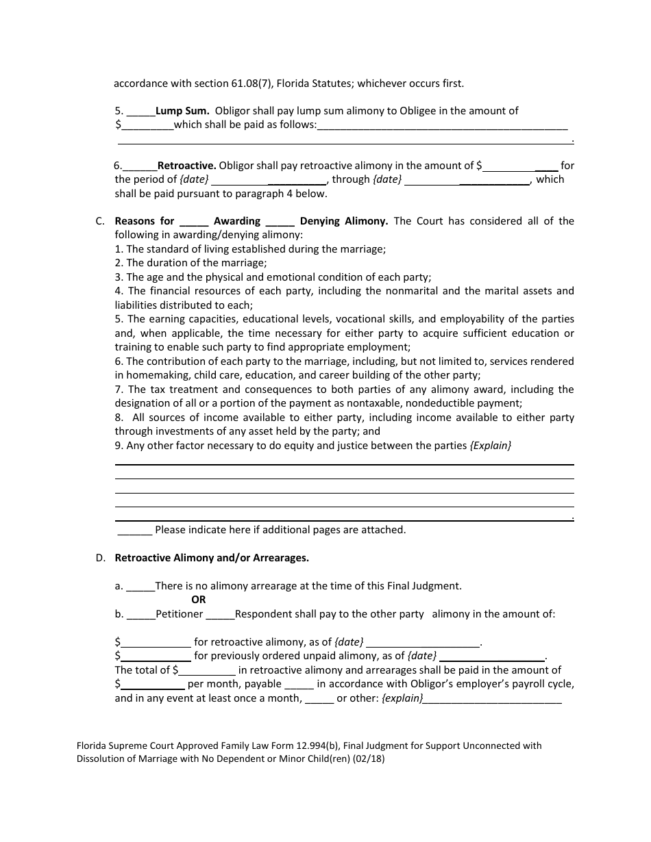 Form 12.994(B) Final Judgment for Support Unconnected With Dissolution of Marriage With No Dependent or Minor Child(Ren) - Florida, Page 3