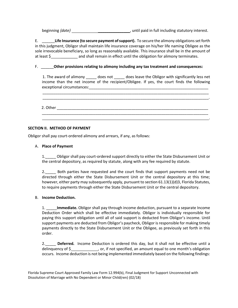 Form 12.994(B) Final Judgment for Support Unconnected With Dissolution of Marriage With No Dependent or Minor Child(Ren) - Florida, Page 4