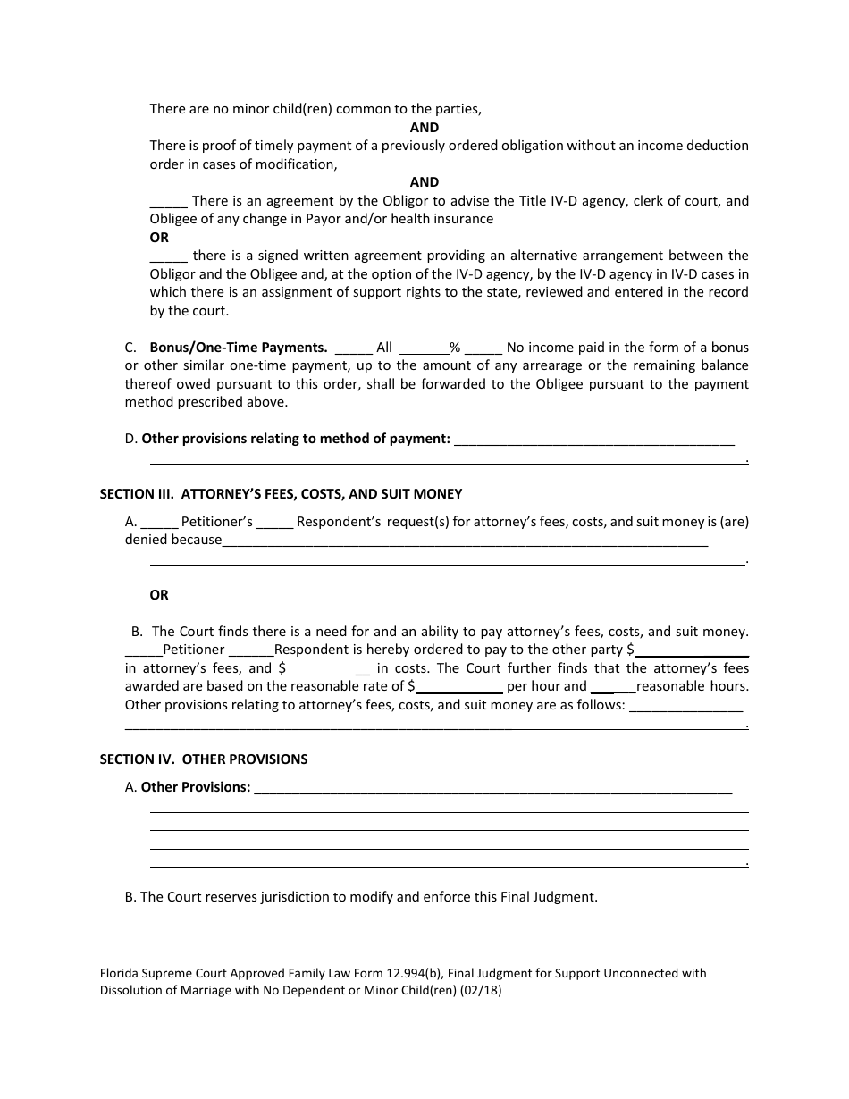 Form 12.994(B) Final Judgment for Support Unconnected With Dissolution of Marriage With No Dependent or Minor Child(Ren) - Florida, Page 5