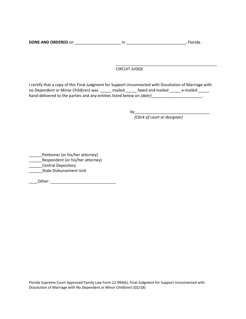 Form 12.994(B) Final Judgment for Support Unconnected With Dissolution of Marriage With No Dependent or Minor Child(Ren) - Florida, Page 6