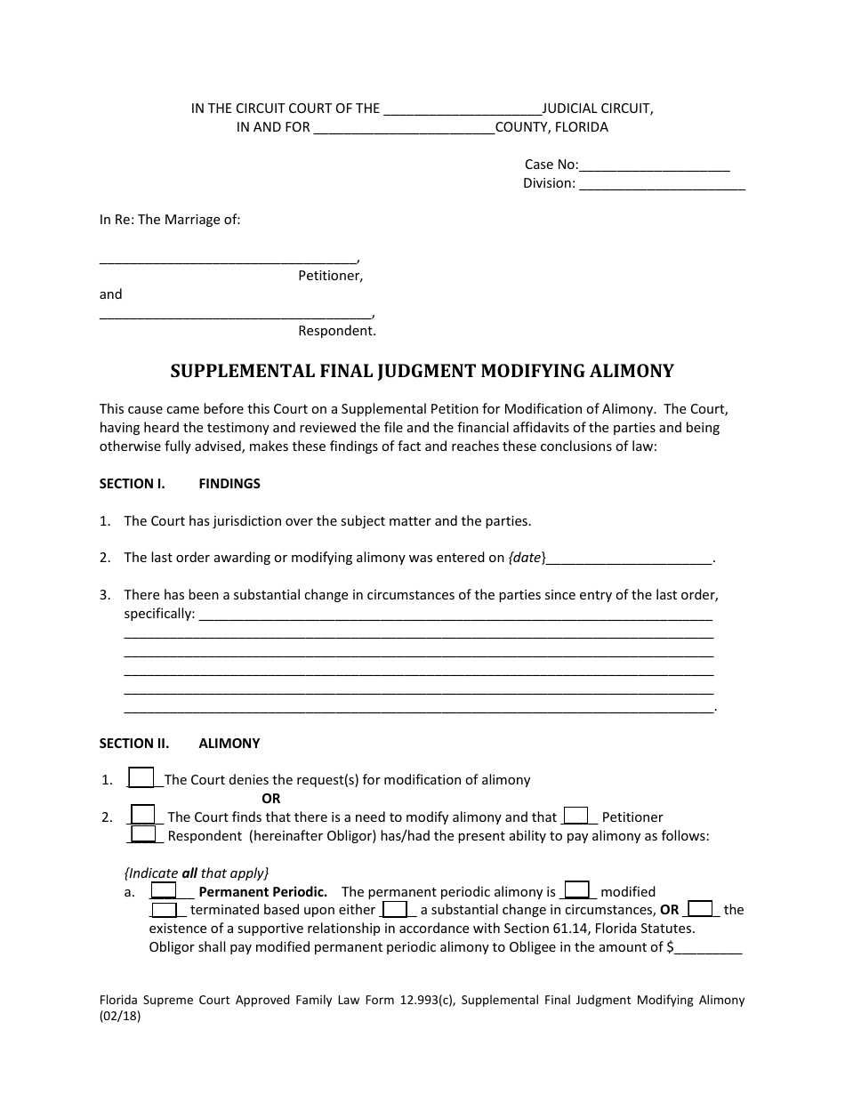 Form 12 993 C Download Fillable Pdf Or Fill Online Supplemental Final Judgment Modifying Alimony Florida Templateroller