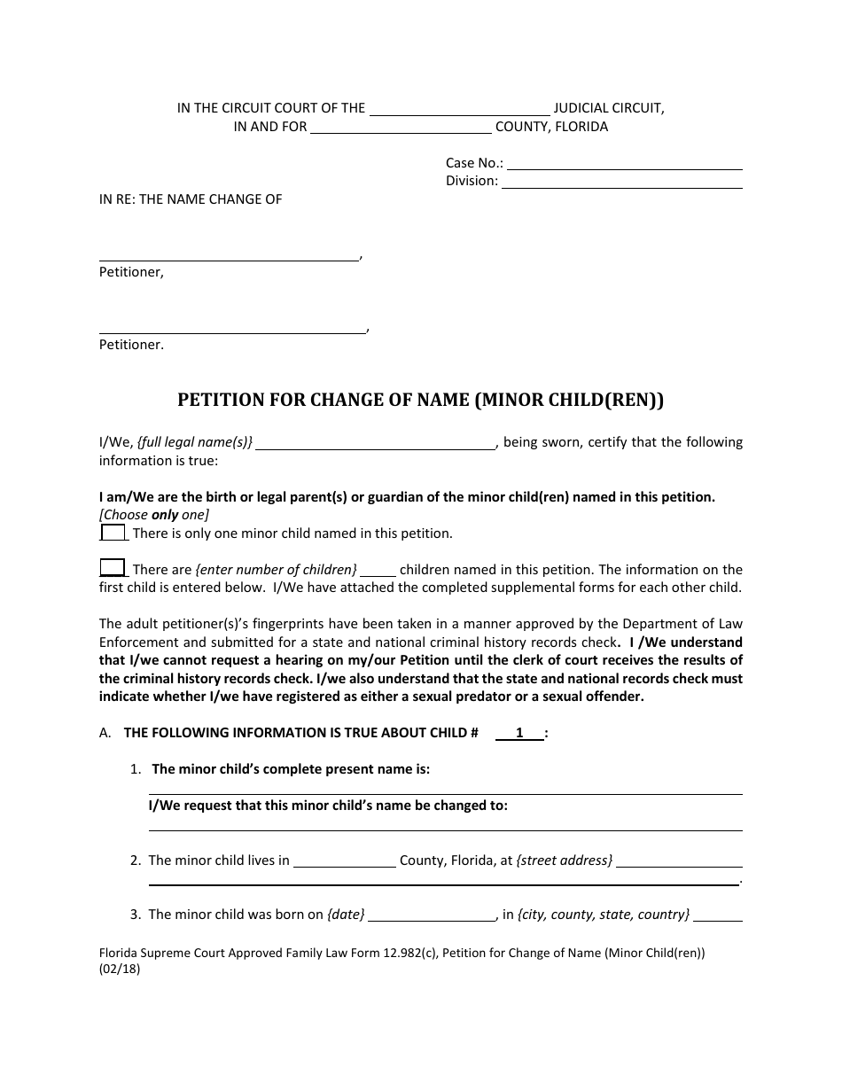 Form 12.982(C) Petition for Change of Name (Minor Child(Ren)) - Florida, Page 5