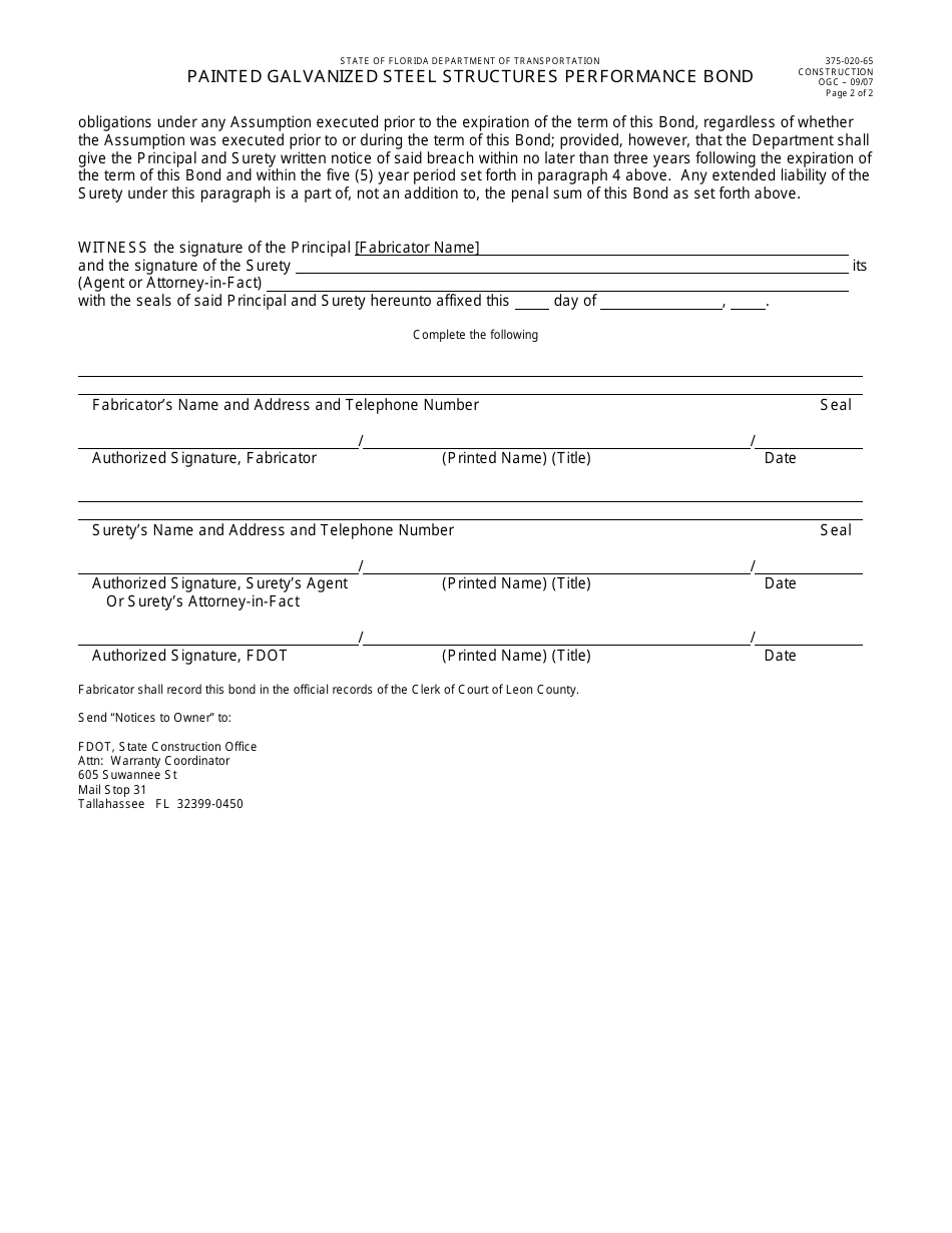 Form 375-020-65 Painted Galvanized Steel Structures Performance Bond - Florida, Page 2