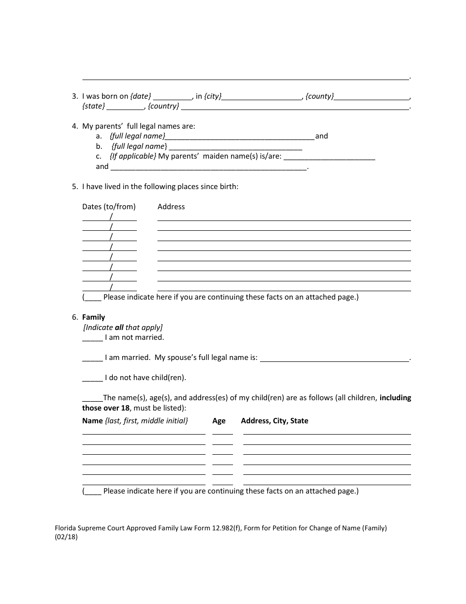 Form 12.982(F) Petition for Change of Name (Family) - Florida, Page 5