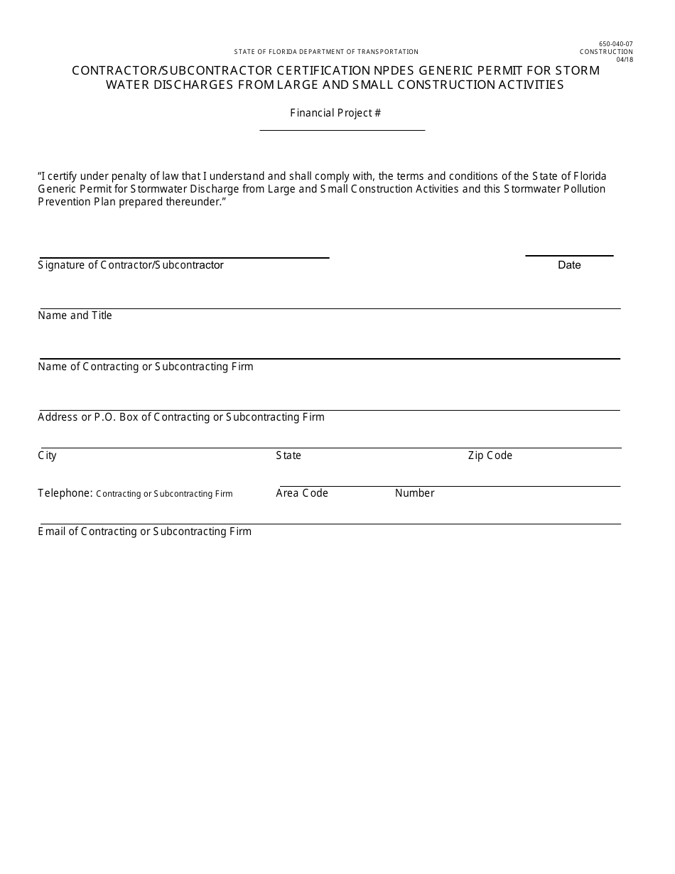 Form 650-040-07 Contractor/Subcontractor Certification Npdes Generic Permit for Storm Water Discharges From Large and Small Construction Activities - Florida, Page 1