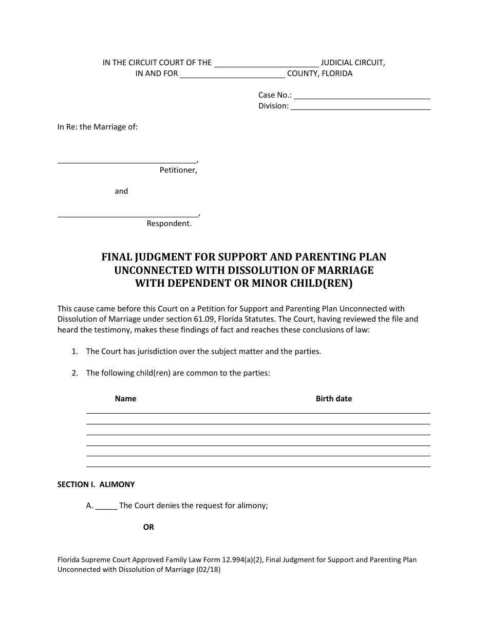 Form 12.994(A)(2) Final Judgment for Support and Parenting Plan Unconnected With Dissolution of Marriage With Dependent or Minor Child(Ren) - Florida, Page 1