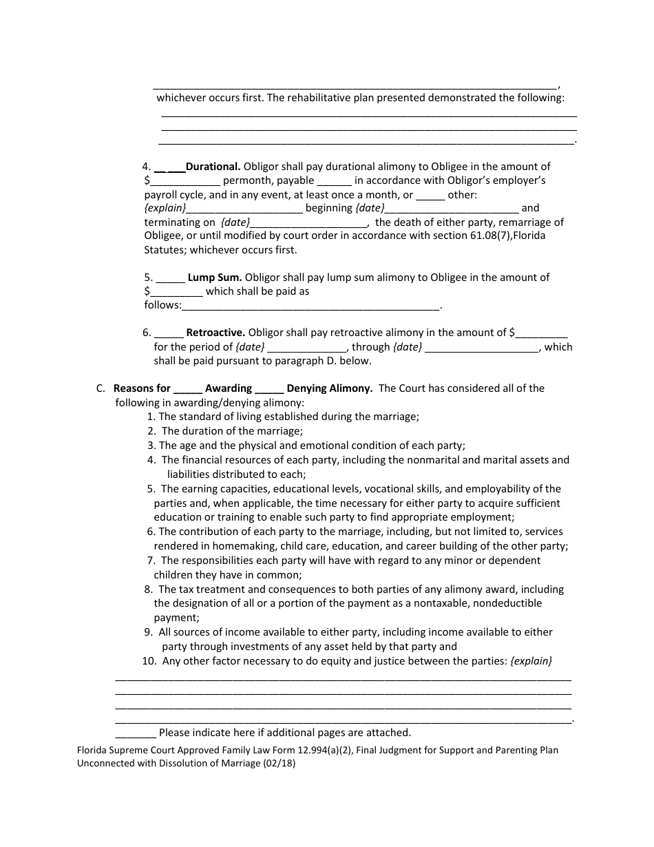 Form 12.994(A)(2) Final Judgment for Support and Parenting Plan Unconnected With Dissolution of Marriage With Dependent or Minor Child(Ren) - Florida, Page 3