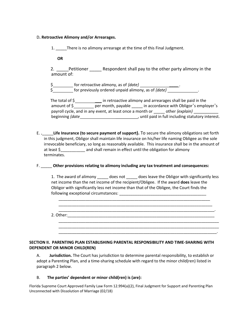 Form 12.994(A)(2) Final Judgment for Support and Parenting Plan Unconnected With Dissolution of Marriage With Dependent or Minor Child(Ren) - Florida, Page 4