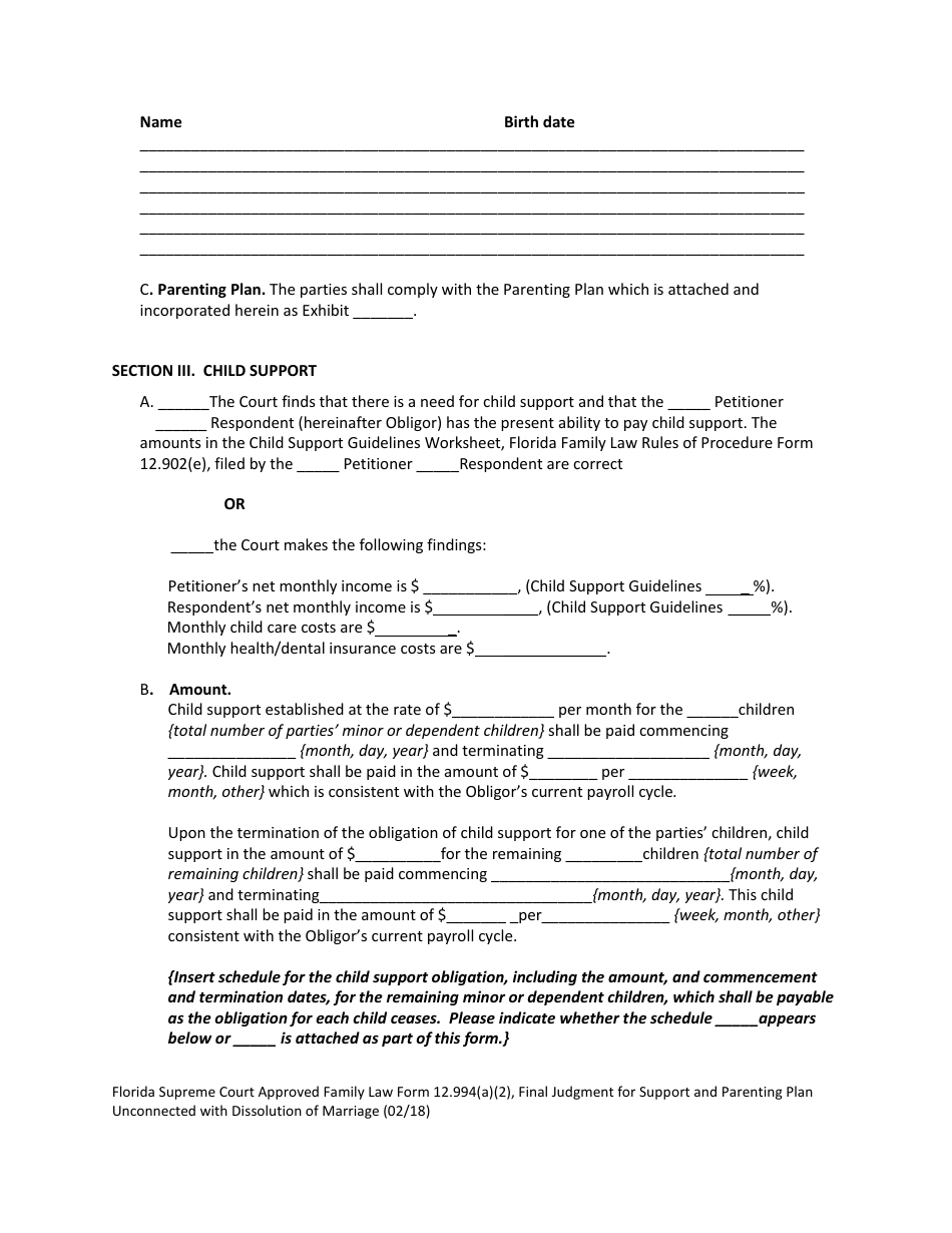 Form 12.994(A)(2) Final Judgment for Support and Parenting Plan Unconnected With Dissolution of Marriage With Dependent or Minor Child(Ren) - Florida, Page 5