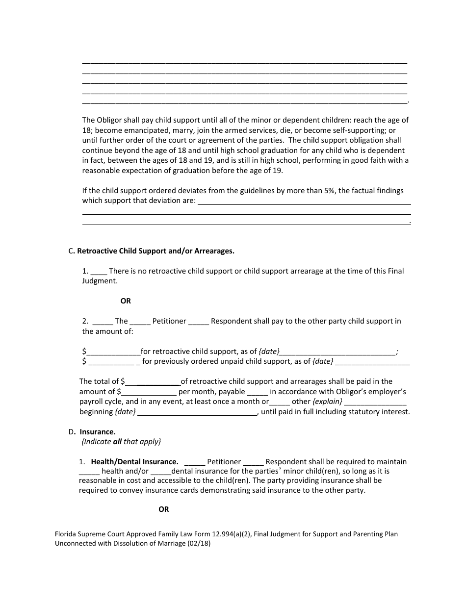 Form 12.994(A)(2) Final Judgment for Support and Parenting Plan Unconnected With Dissolution of Marriage With Dependent or Minor Child(Ren) - Florida, Page 6