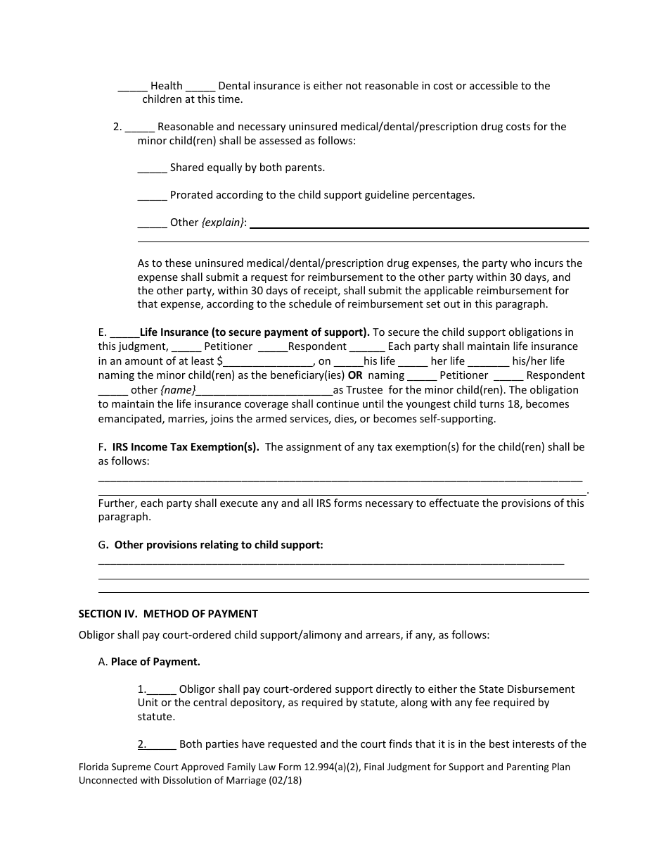 Form 12.994(A)(2) Final Judgment for Support and Parenting Plan Unconnected With Dissolution of Marriage With Dependent or Minor Child(Ren) - Florida, Page 7