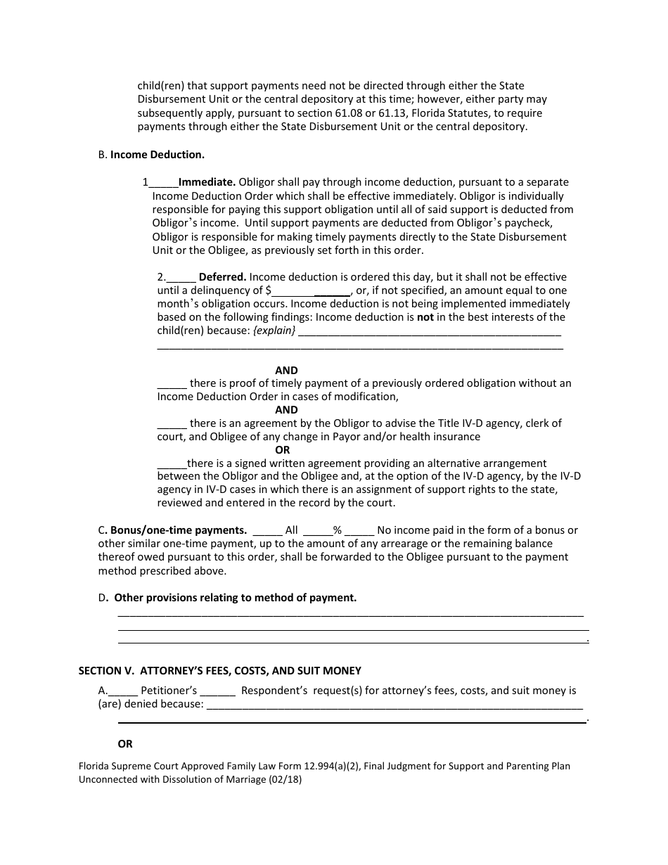 Form 12.994(A)(2) Final Judgment for Support and Parenting Plan Unconnected With Dissolution of Marriage With Dependent or Minor Child(Ren) - Florida, Page 8