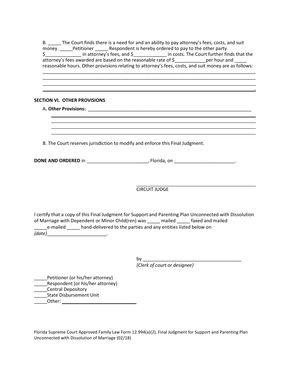 Form 12.994(A)(2) Final Judgment for Support and Parenting Plan Unconnected With Dissolution of Marriage With Dependent or Minor Child(Ren) - Florida, Page 9